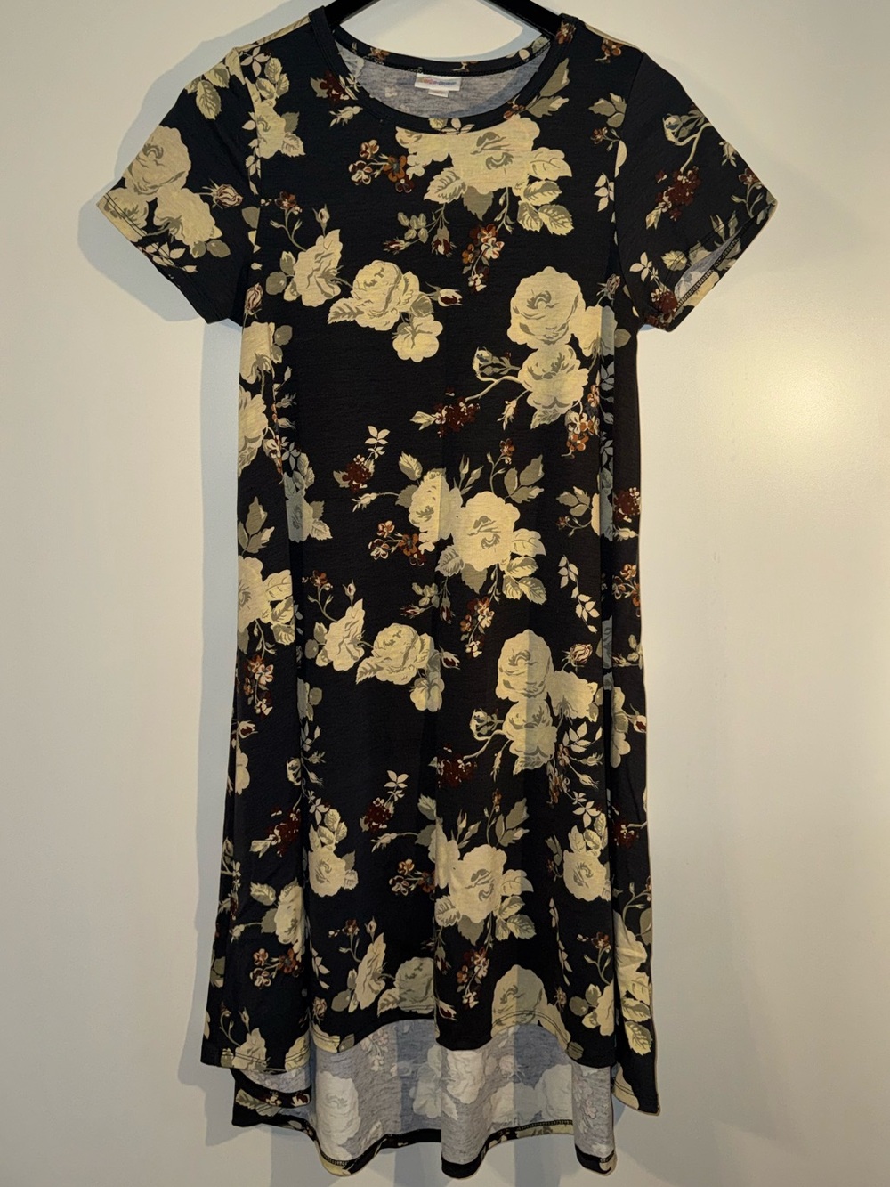 LuLaRoe Carly Black Dress with Cream Floral Print
